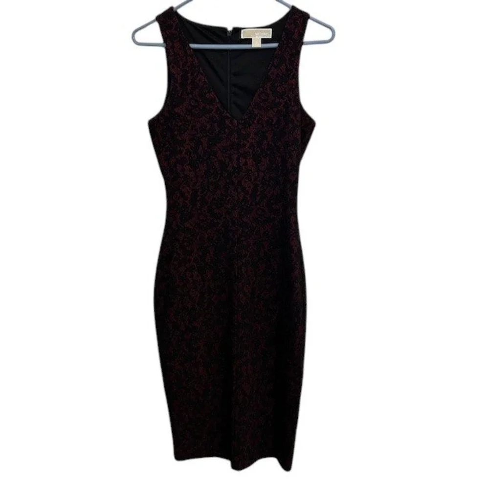 Michael Kors‎ Bodycon Dress Sleeveless V-Neck Burgundy Black Pattern Lace Size 2